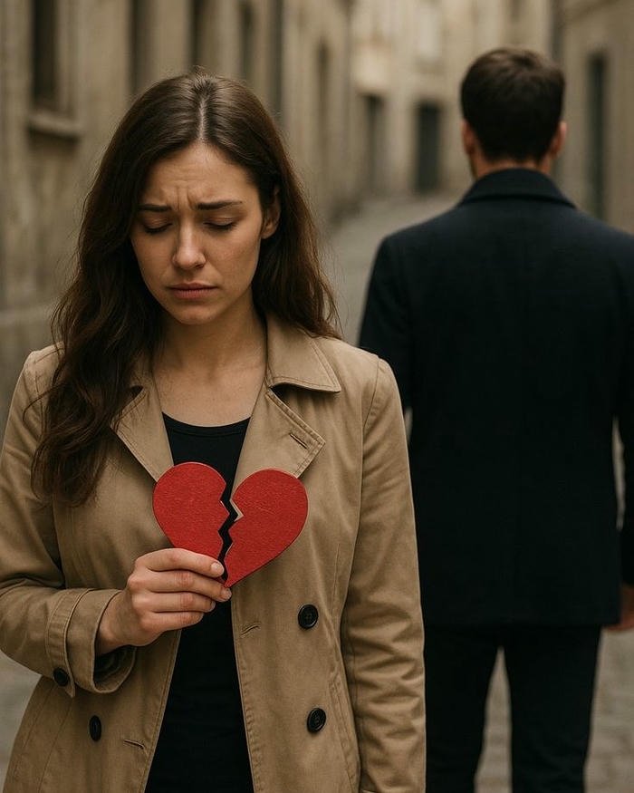 Love breakup images sad woman holding red heart outdoors.