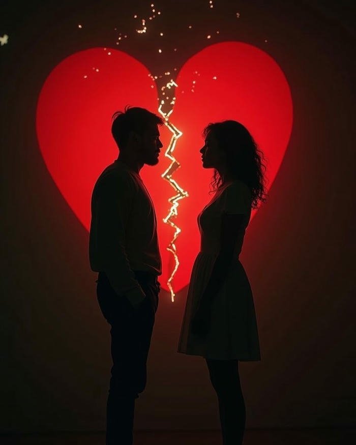 Love breakup images silhouette couple standing inside broken heart.