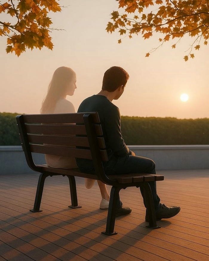 Man sitting alone bench park sunset sad view.