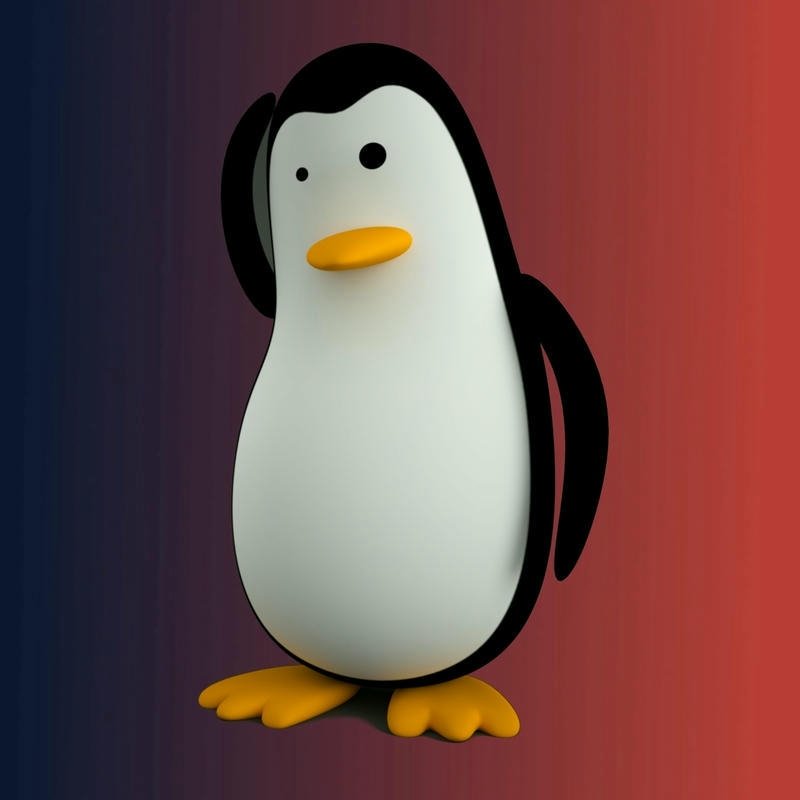 Penguin dp 3d cartoon character standing on red background
