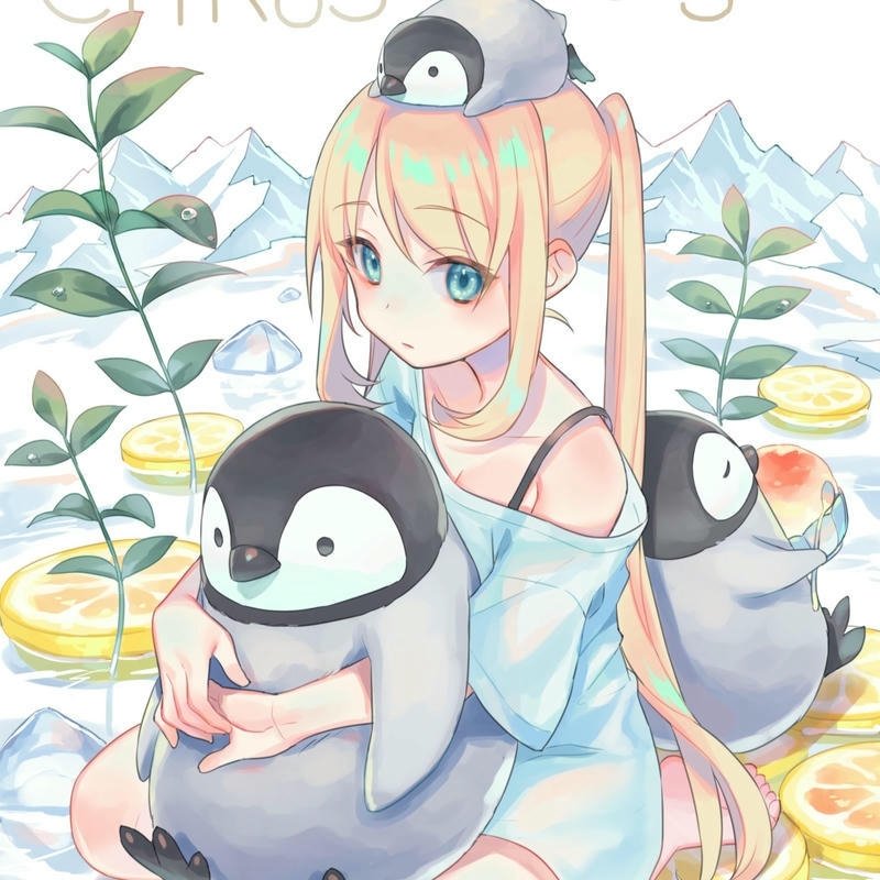 Penguin dp anime girl hugging large cute penguin plush