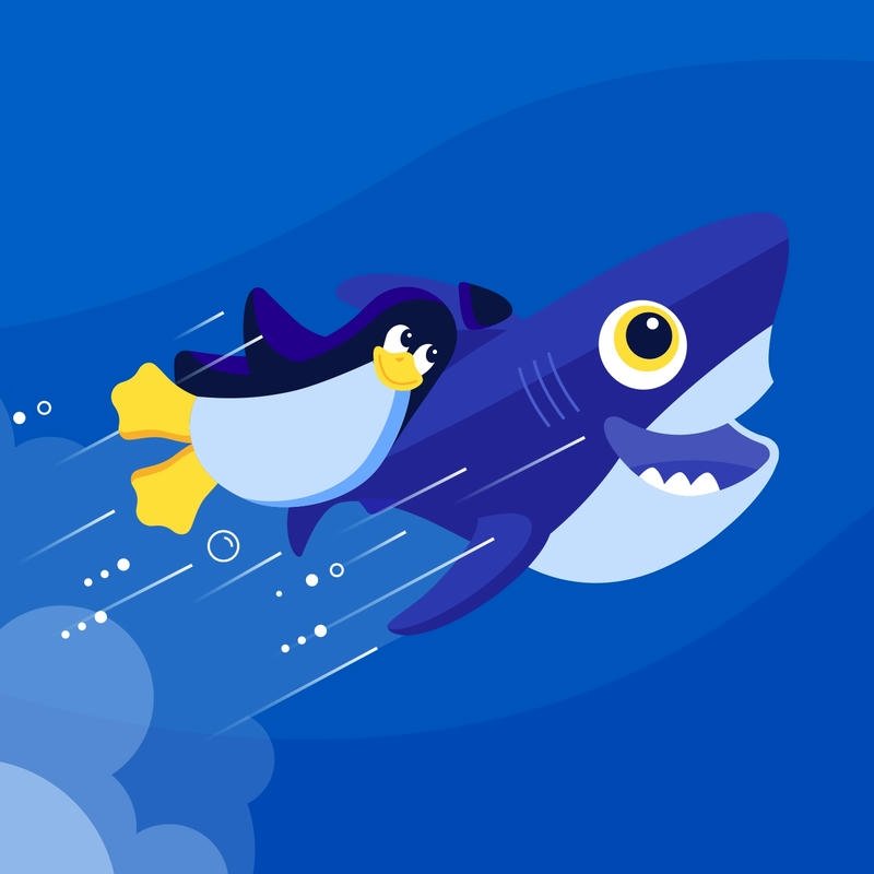 Penguin dp flying alongside blue shark in the sky