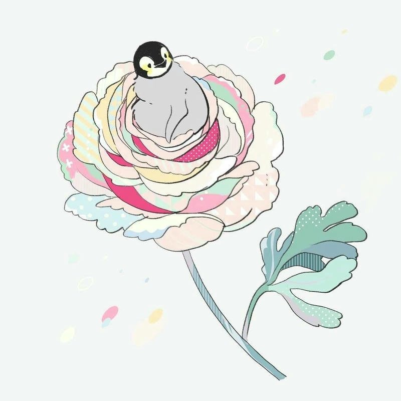 Penguin dp tiny bird sitting on pastel rose flower