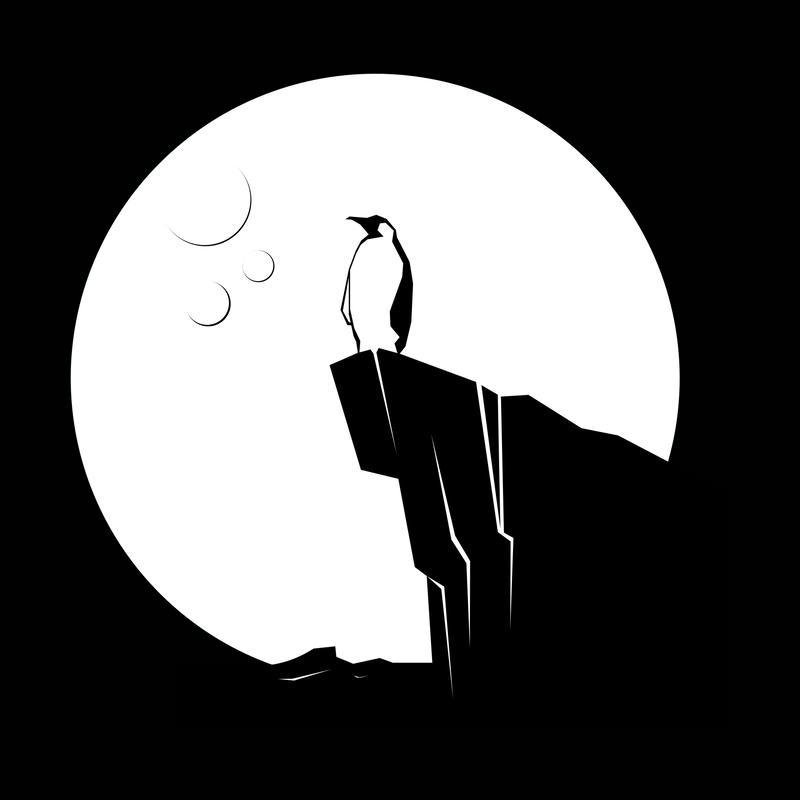 Penguin silhouette art standing on ice against moon