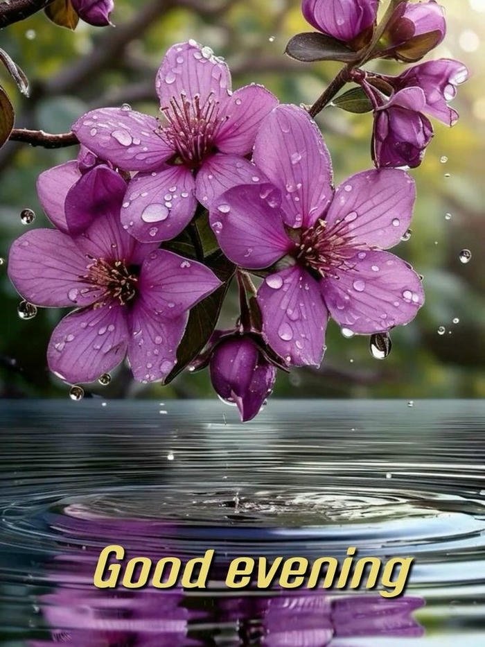 Purple flowers sunset view romantic evening greeting water background.