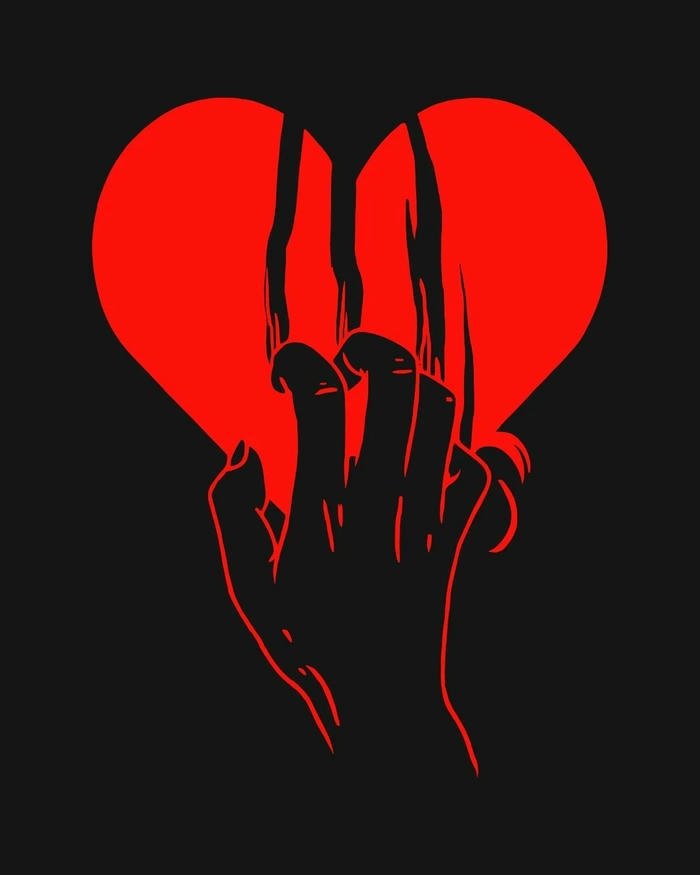 Red hand holding bleeding heart dark background art.