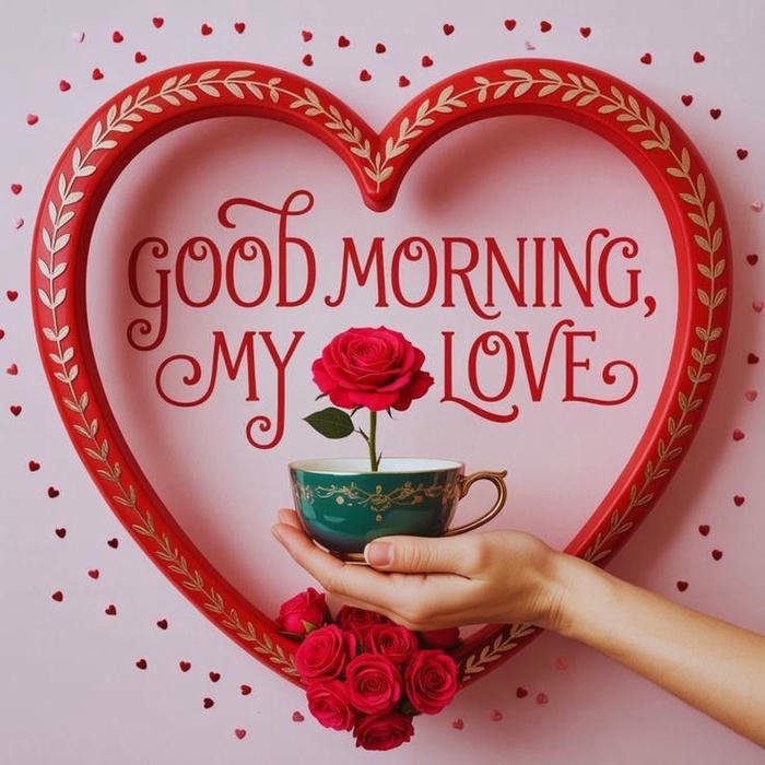 Red heart wreath coffee cup romantic morning love decor