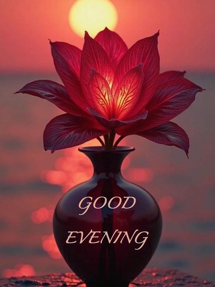 Red lotus flower vase dark romantic evening mood lighting.