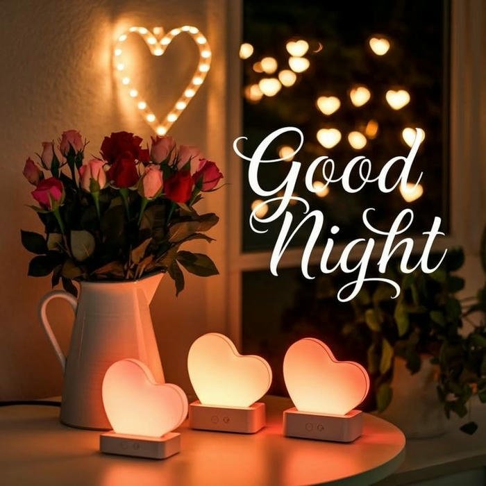 Romantic good night roses candles window view evening mood