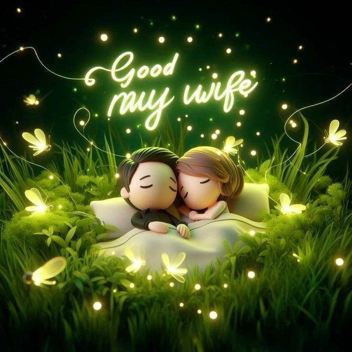 Romantic night cartoon couple grass fireflies glow green view