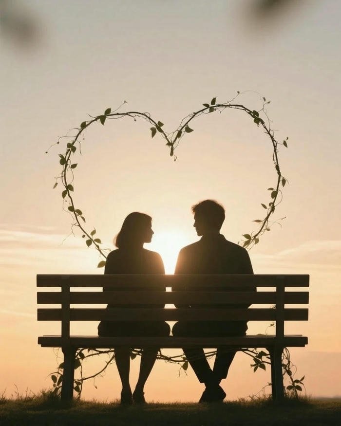Silhouette couple sitting on bench at sunset cute love images.