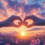 Silhouette hands making heart shape at sunset beach wallpaper.