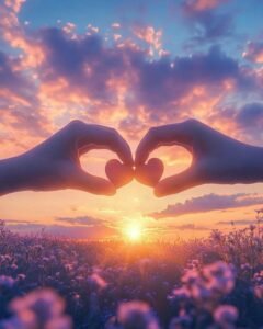 Silhouette hands making heart shape at sunset beach wallpaper.