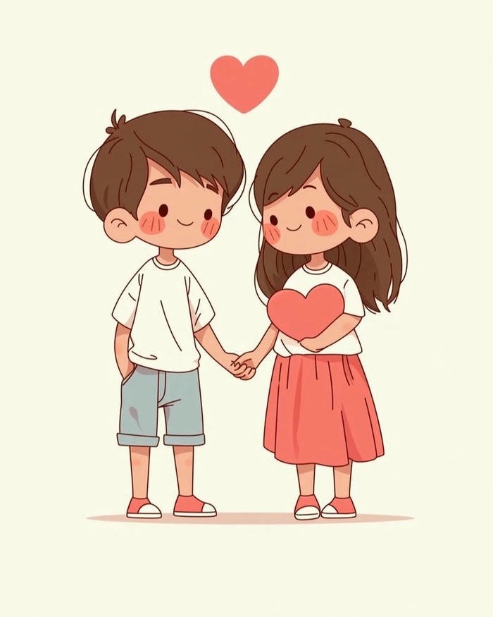 Simple illustration of boy and girl holding hands lovingly.