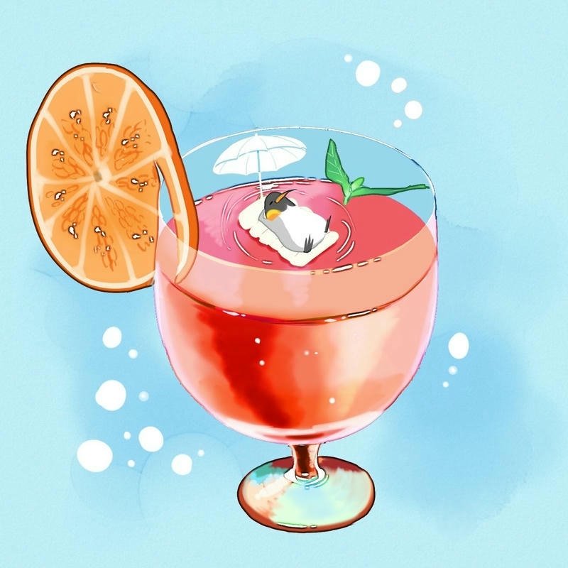 Summer penguin illustration sitting in orange cocktail drink