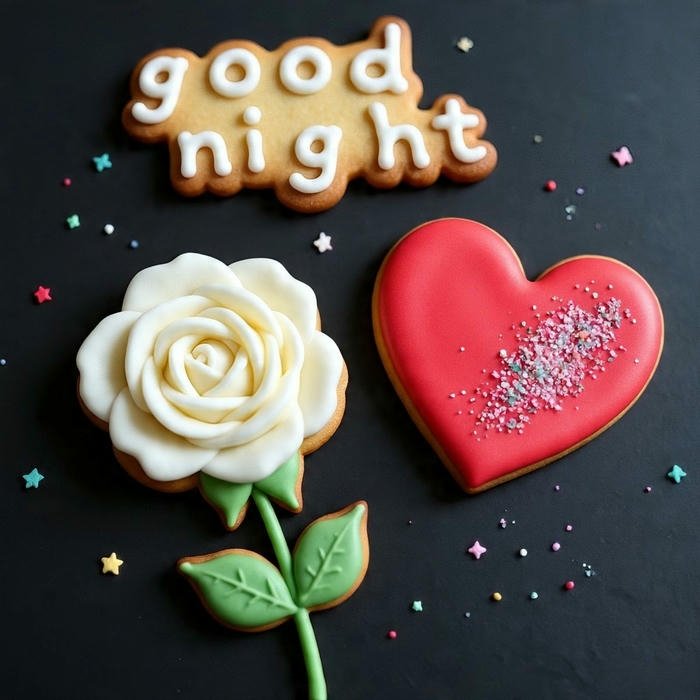 Sweet night cookies heart flower shape dark background flatlay
