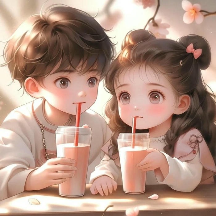 Two cute dolls drinking milk tea cute love images.