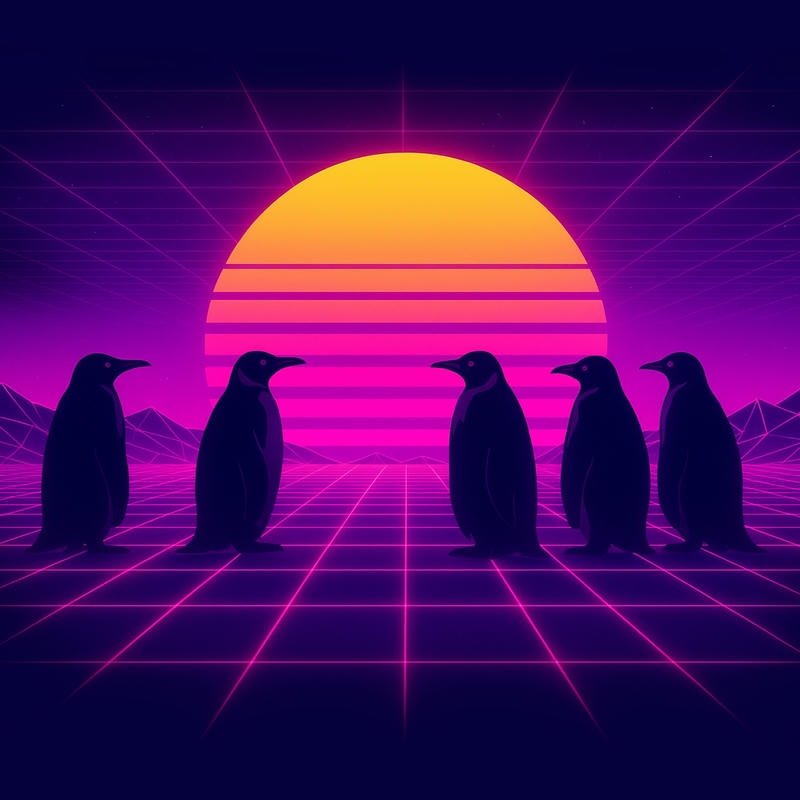 Vaporwave penguin background neon sunset with bird silhouettes