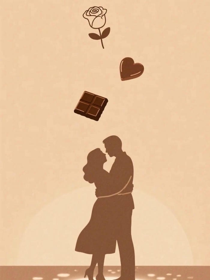 Vintage brown silhouette of couple kissing romantic art poster.