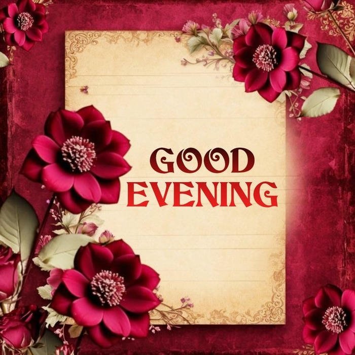 Vintage red flowers paper scroll romantic evening greeting card.