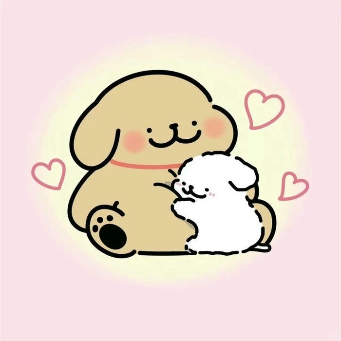 Yellow dog hugging white dog on pink background vector.