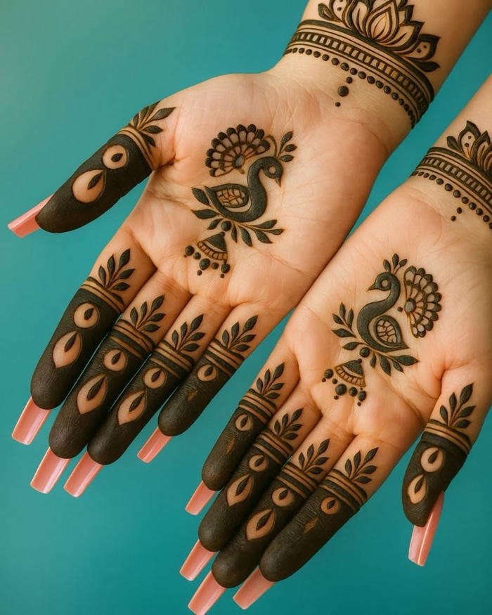 Beautiful peacock mehndi illustration with symmetry