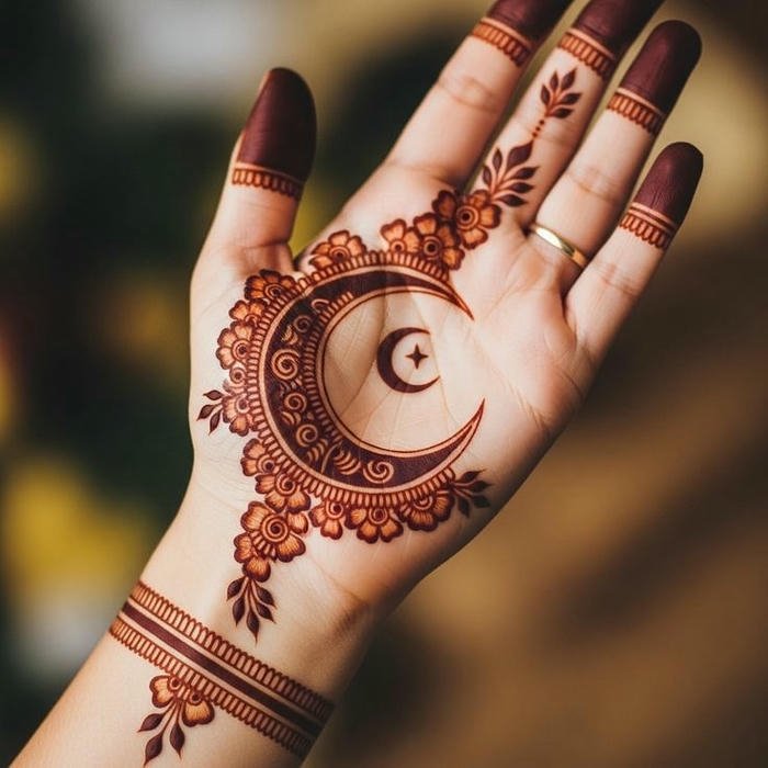 Chand inspired henna design with layered patterns
