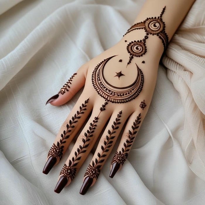 Chand mehndi design composed of intricate lace patterns