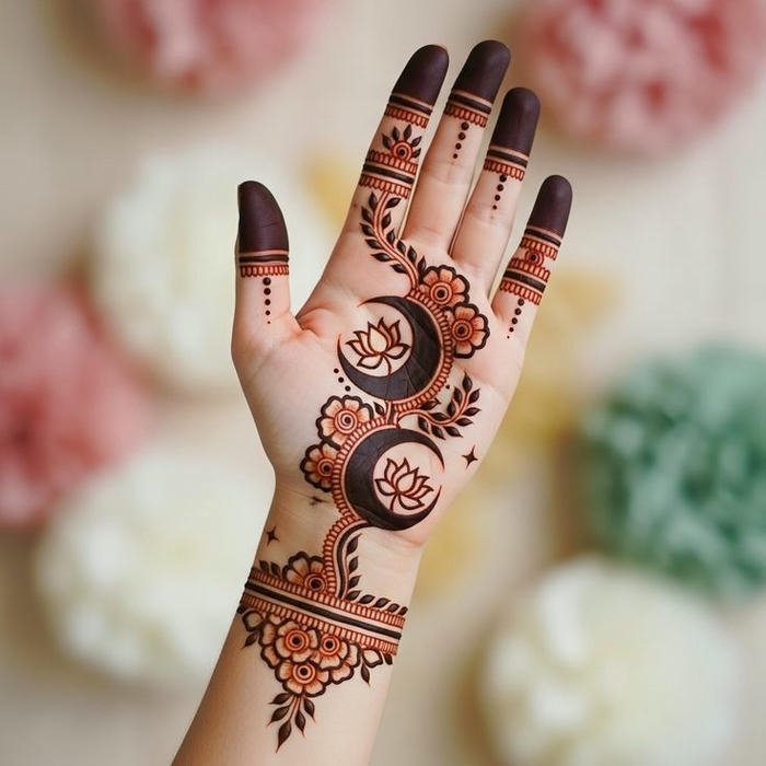 Chand mehndi design illustrating detailed crescent artistry
