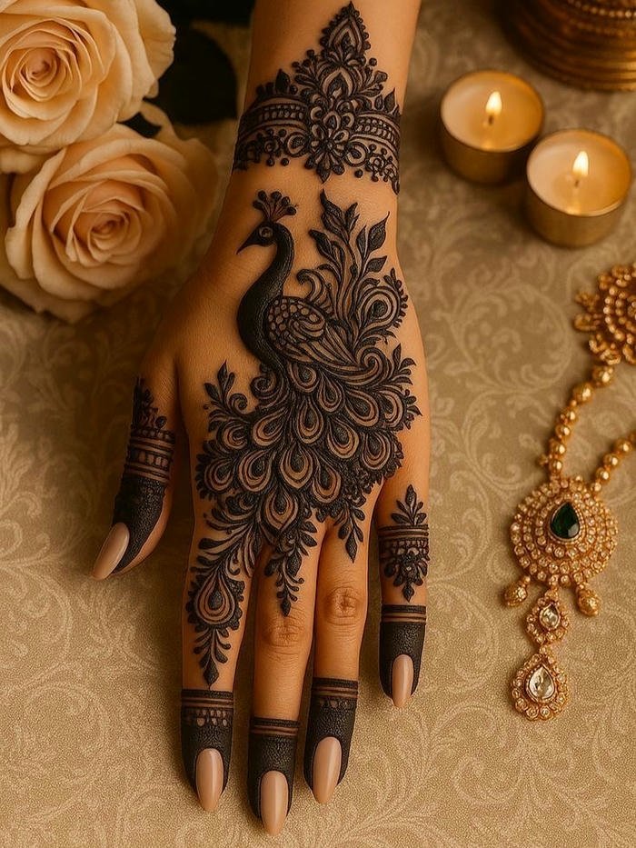 Classic peacock henna motif with ornamental flair