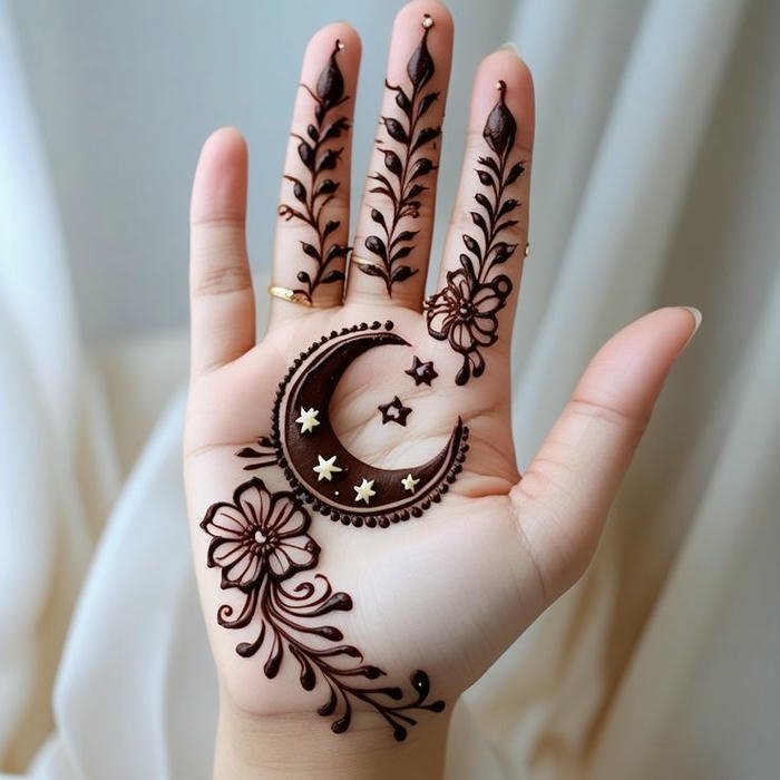 Crescent moon mehndi design with ornate detailing