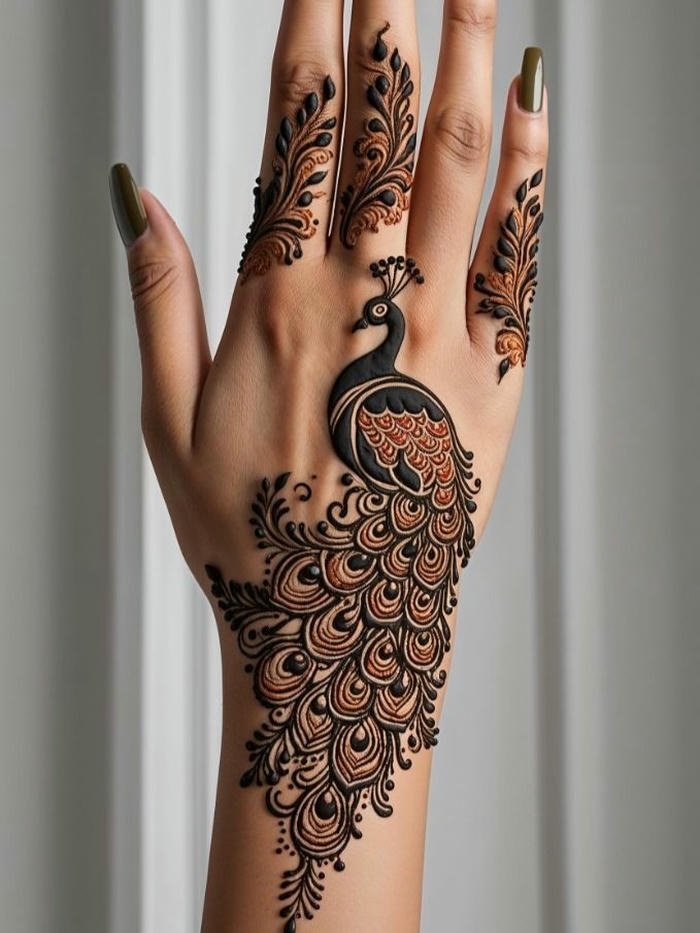 Decorative peacock motif henna with intricate strokes