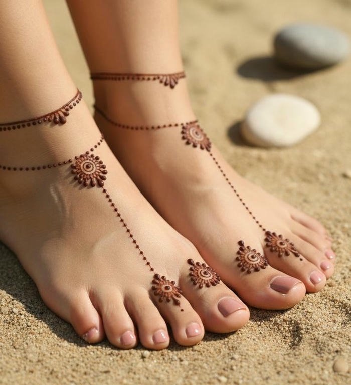 Elegant simple leg mehndi artwork with fine strokes