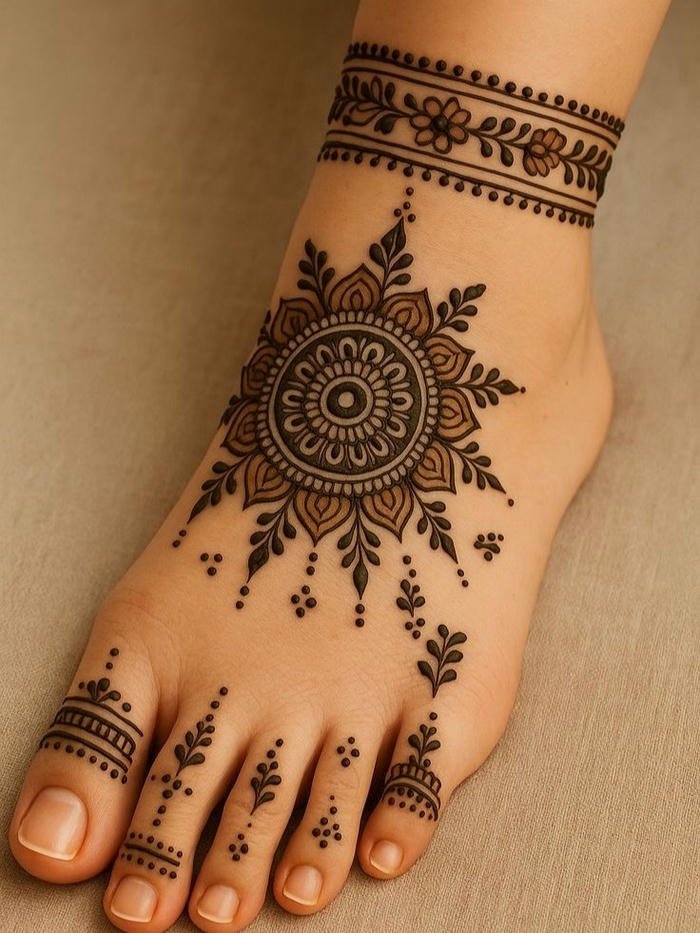 Leg mehndi design simple highlighting graceful ornamental strokes