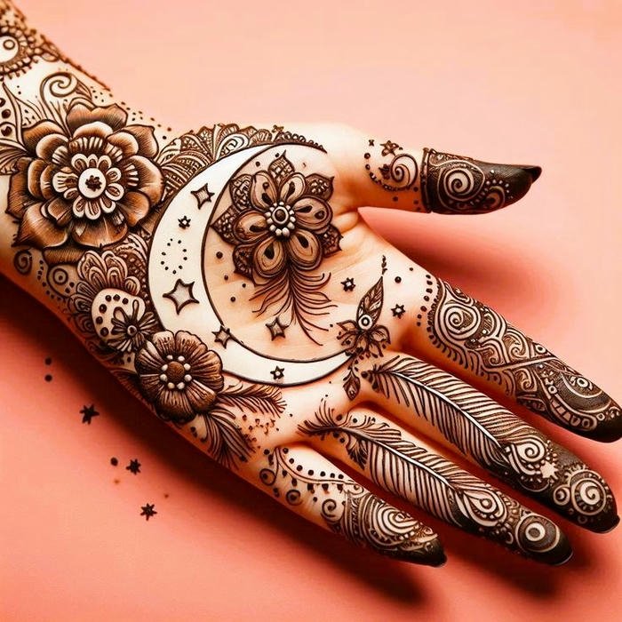 Mehndi design moon minimal style featuring graceful elements