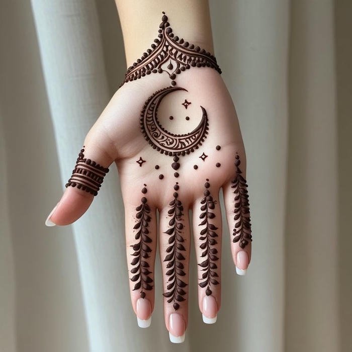 Modern crescent mehndi artwork showcasing symmetry