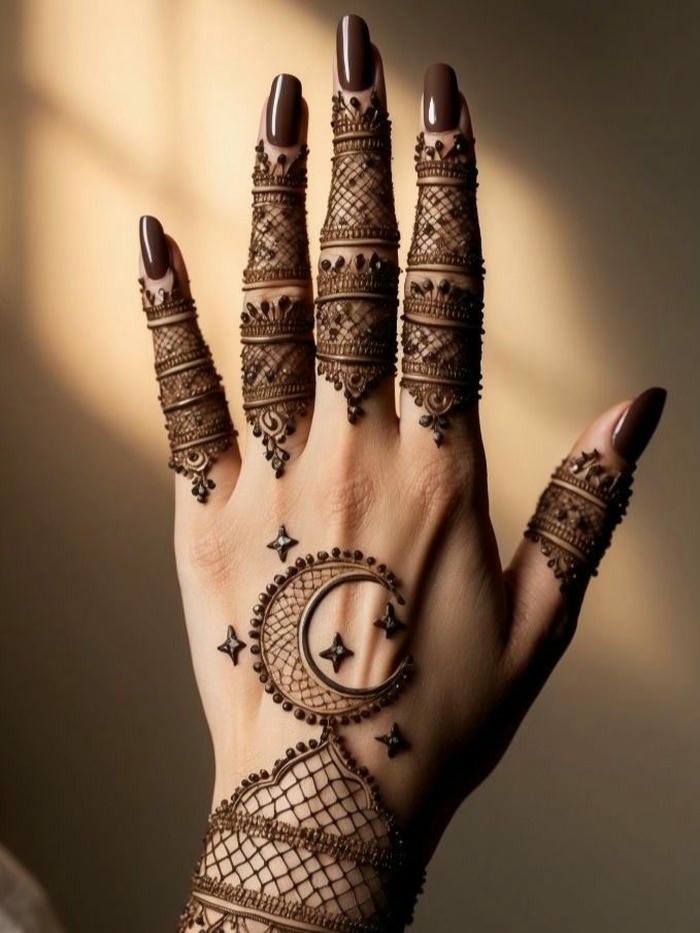 Moon mehndi design intricate motifs creating balanced visual harmony