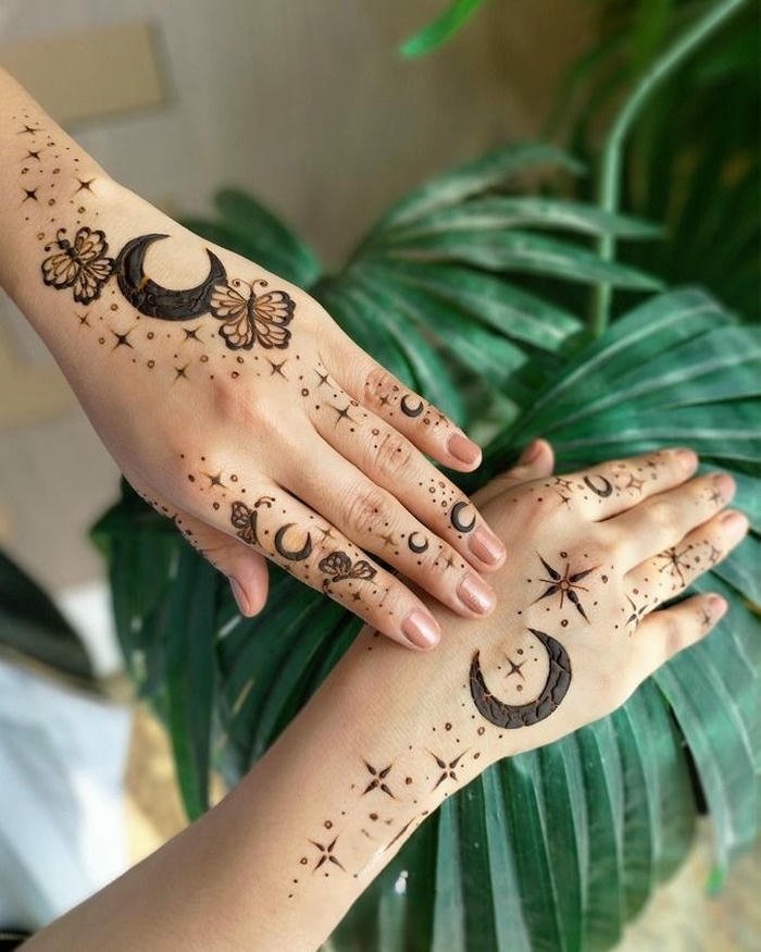 Moon mehndi design minimal style featuring graceful decorative elements