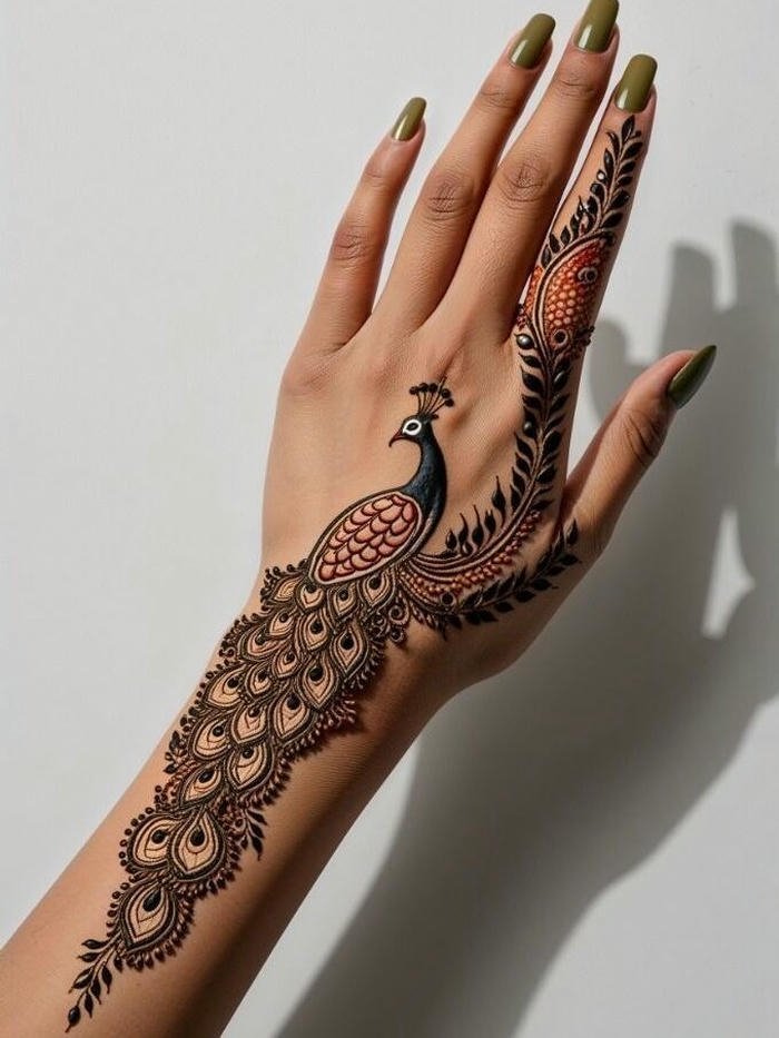 Peacock henna design with graceful feather patterns