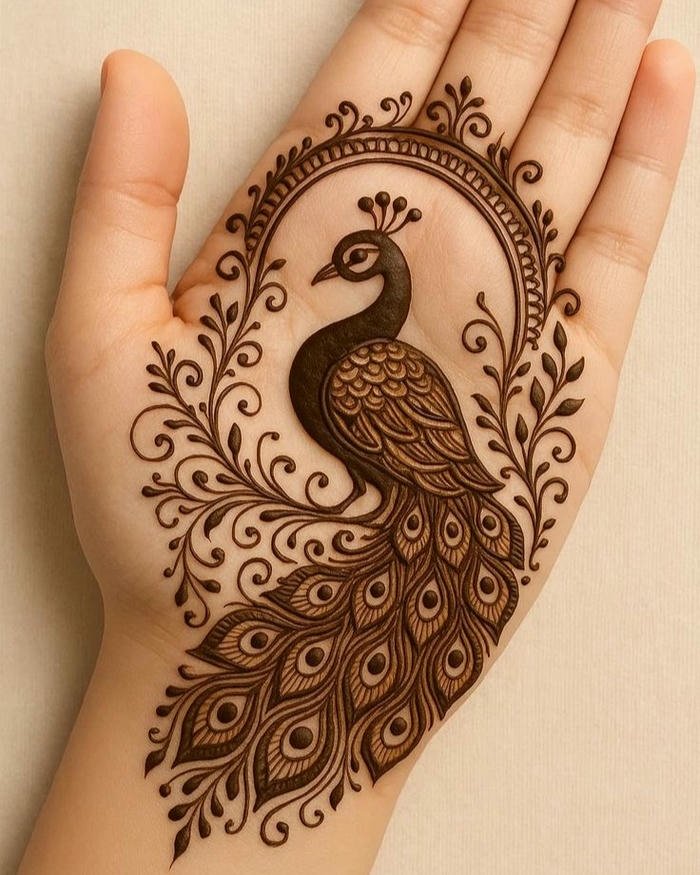 Peacock mehndi design featuring elegant curved patterns