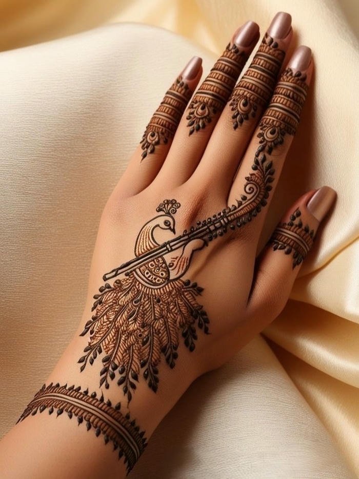 Peacock mehndi design highlighting bold decorative elements