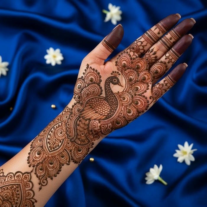Peacock mehndi design showcasing graceful artistic lines