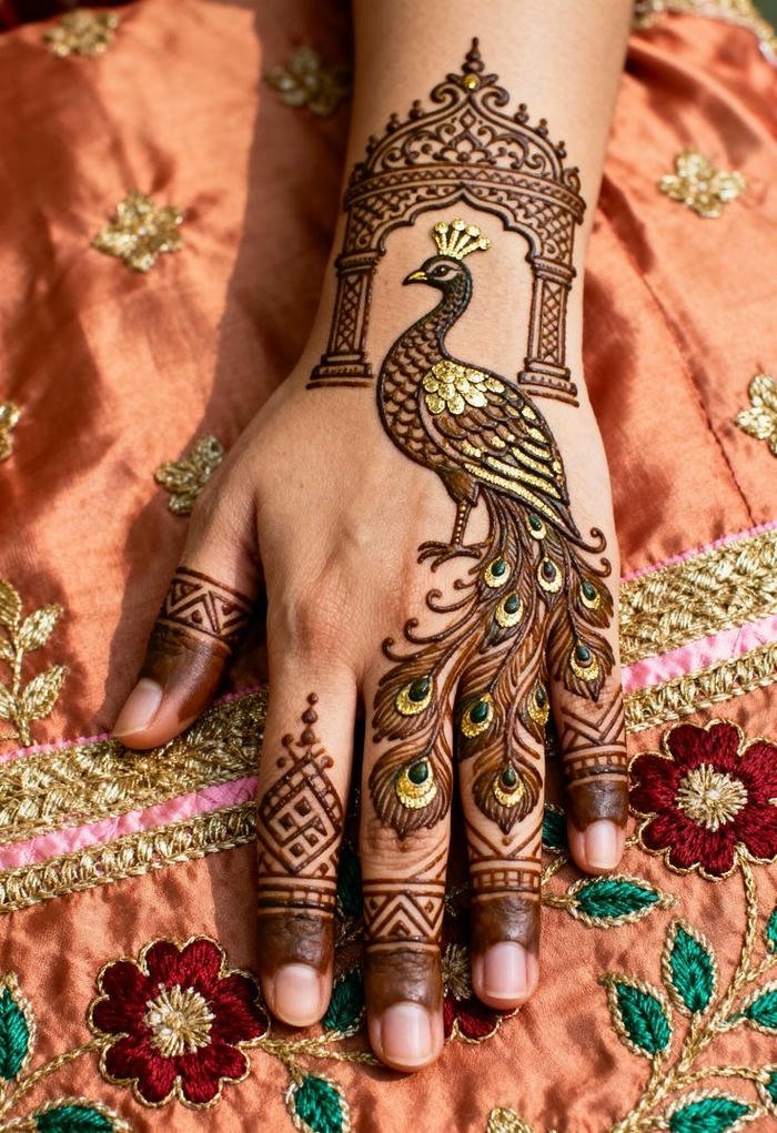 Peacock mehndi design styled with intricate swirls