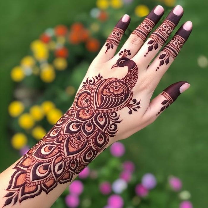 Peacock mehndi design with detailed ornamental strokes