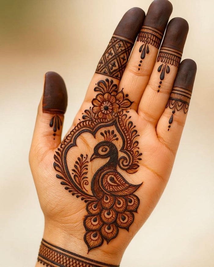 Peacock mehndi design with intricate feather details