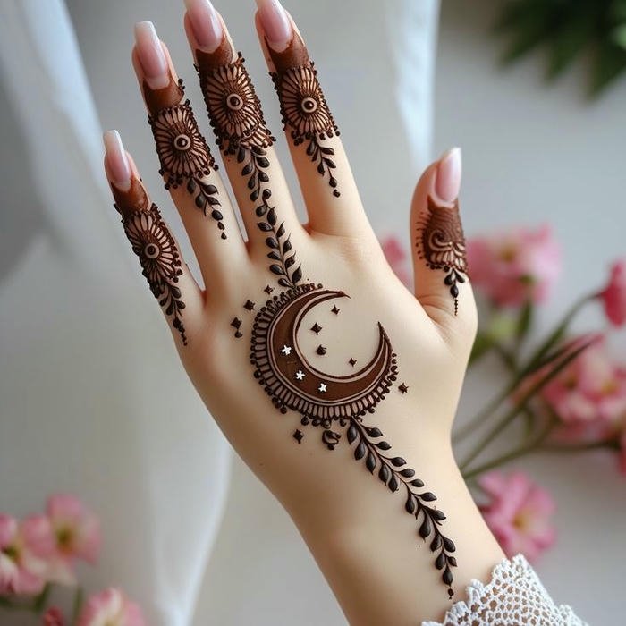 Traditional moon mehndi artwork with intricate shapes